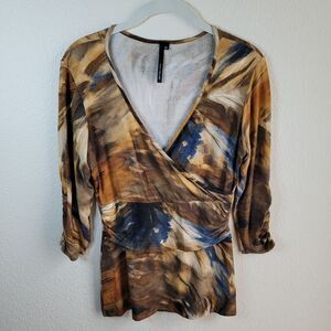 Y2K 90s Vtg Faux Wrap Stretch Brown Blue Sz S Whimsigoth Top Grunge Floral USA